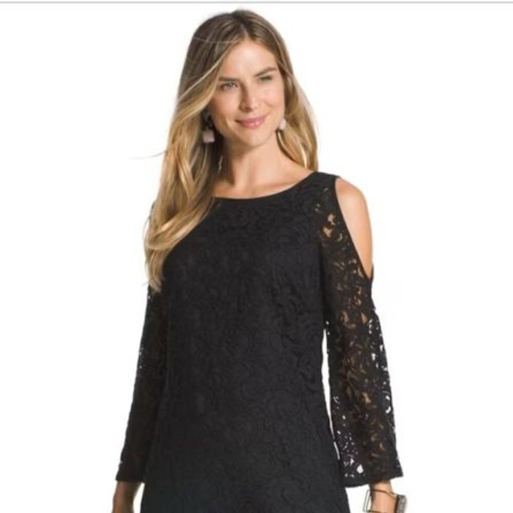 Chicos Black Cold-Shoulder Lace Dress Size 10 / 1.5